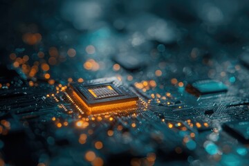 Glowing microprocessor on a circuit board