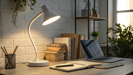 A bright desk lamp illuminating a workspace with a laptop books and a notebook in a cozy room setup