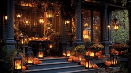 Enchanting Autumnal Porch Display with Glowing Lanterns and Pumpkins, Creating a Cozy Halloween Ambiance