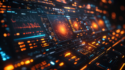 Abstract Futuristic Digital Interface with Glowing Orange and Blue Elements