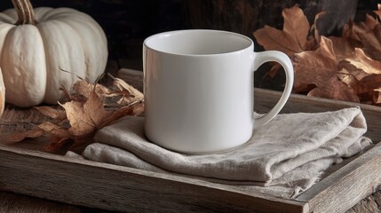 Autumn Still Life: White Mug, Pumpkin, and Maple Leaves on Rustic Wooden Tray