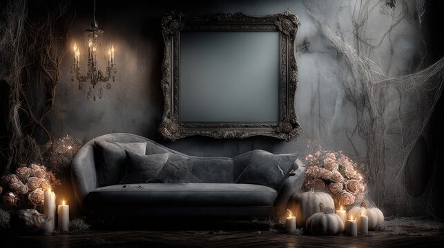 Fototapeta Elegant Gothic Interior with Velvet Sofa, Candles, and Decorative Pumpkins for Halloween or Dark Theme Design