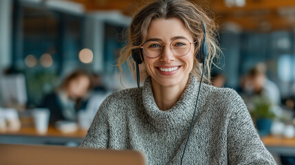 Smiling woman with glasses and headset ready to work in modern office