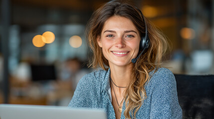 Friendly customer service rep with headset smiles at camera