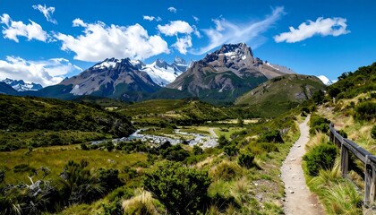 Scenic mountain valley with a hiking trail