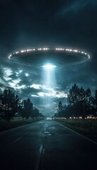 Mysterious U F O Illuminates Dark Roadway at Night Creating Suspenseful Atmosphere with Starry Sky and Enigmatic Feelings of Otherworldly Adventure
