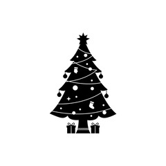 Stylized Christmas Tree Silhouette with Star Ornaments Stocking and Gifts.