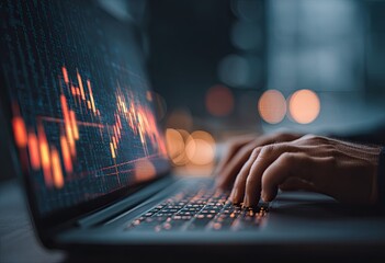Close-up of hands typing on laptop with financial chart display