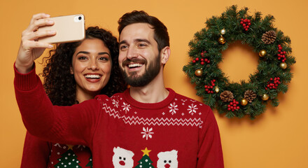 Happy mixed race couple taking selfie wearing matching red christmas sweaters with festive wreath decoration, joyful holiday portrait for social media