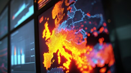 Close medium shot featuring a bright interactive heatmap wall charting viewer engagement for fresh streaming releases with crisp visualization of top zones and a blurred ambient