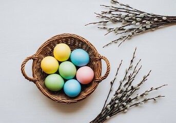 Pastel colored easter eggs sit prettily in a brown wicker basket with pussy willow