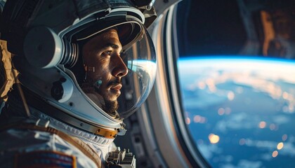 Fototapeta premium Astronaut looks at Earth from the spaceship window. Earth light reflected on his helmet, cinematic lighting, surreal, 4K