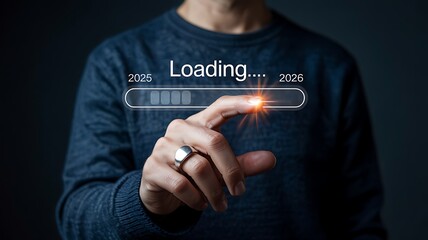 Close up of a person s hand touching a digital loading bar with progress indicator and the word loading on a dark background