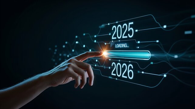 Human finger touches a futuristic digital interface selecting the year 2026 from 2025 with glowing progress bar and network connections