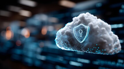 Cloud security concept with a shield and keyhole icon on a white cloud over a blue background