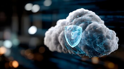 A cloud with a shield and a keyhole representing cloud security and data protection in cyberspace