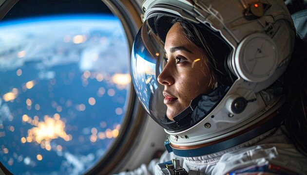 Astronaut looks at Earth from the spaceship window. Earth light reflected on his helmet, cinematic lighting, surreal, 4K
