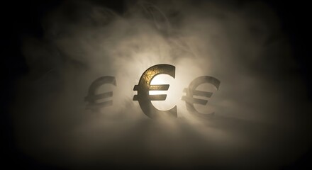 Illuminated Euro Symbols Emerging from Smoke in a Dark, Mysterious Setting