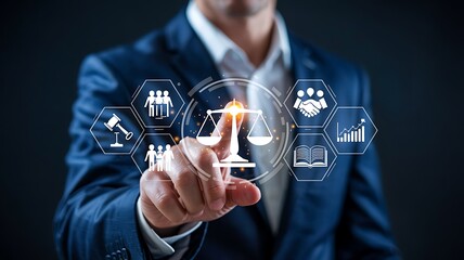 Businessman interacting with a digital interface displaying legal icons and the scales of justice symbolizing law and justice technology