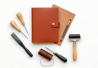 Stylish tools including leather book and roller are neatly arranged on a white surface