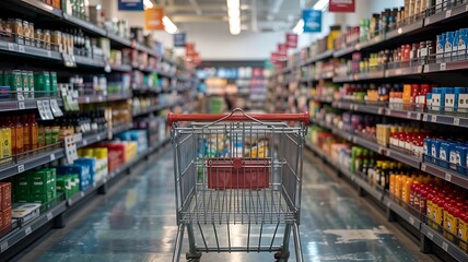 Empty shopping cart positioned in the middle of a brightly lit supermarket aisle filled with colorful products on shelves