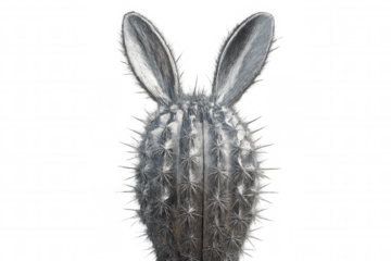 Silver cactus with rabbit ears, embodying a unique and surreal concept, presented on a transparent background