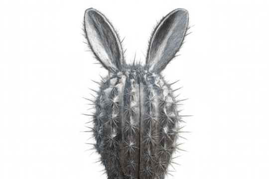Silver cactus with rabbit ears, embodying a unique and surreal concept, presented on a transparent background