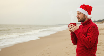 Obraz premium Thoughtful man wearing santa hat red knitted sweater drinking hot beverage on beach during winter holidays, tropical christmas vacation lifestyle concept