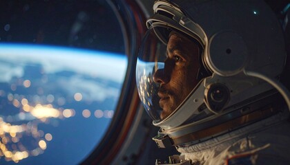 Astronaut looks at Earth from the spaceship window. Earth light reflected on his helmet, cinematic lighting, surreal, 4K