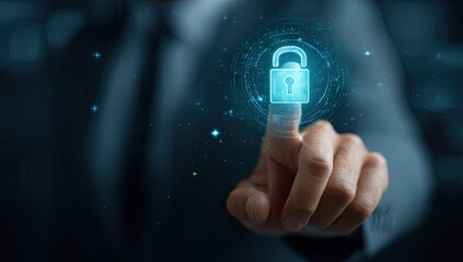 A hand in a suit, fingertip hovering over a glowing, digital lock graphic