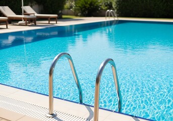 Turquoise water fills the swimming pool with stainless steel ladder, deckchairs are ready