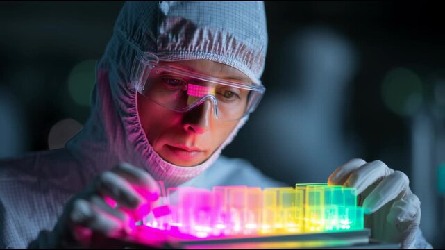 Scientist cleanroom technician laboratory microplate test tube illuminated neon colorful glowing technician cleanroom suit examining glowing multicolored test plate with focused concentration