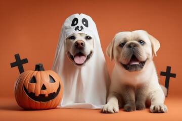 Two Adorable Labrador Puppies Celebrate Halloween With a Ghost Costume and Jack-o'-Lantern on Orange Background