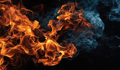Fiery orange and blue flames swirl against a black background, creating a dynamic, abstract image