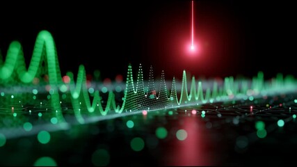Green data waveform landscape with glowing nodes and red laser pulse illuminating abstract network futuristic technology visualization digital signal analysis 3d neural network interface glowing - Powered by Adobe