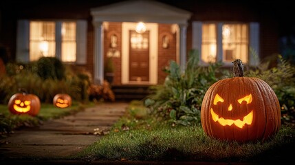 Halloween Night Scene with Jack-o'-Lanterns and Festive Home Decor, Perfect for Holiday Celebrations and Spooky Themes