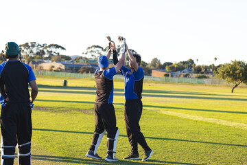 Three male cricket teammates high-fiving on suburban green field in black and blue jerseys