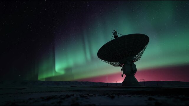 Radio satellite dish green aurora borealis and starry night sky snowy tundra capturing signals with solitary parabolic antenna and radio antenna signal receiver glowing silhouette celestial northern