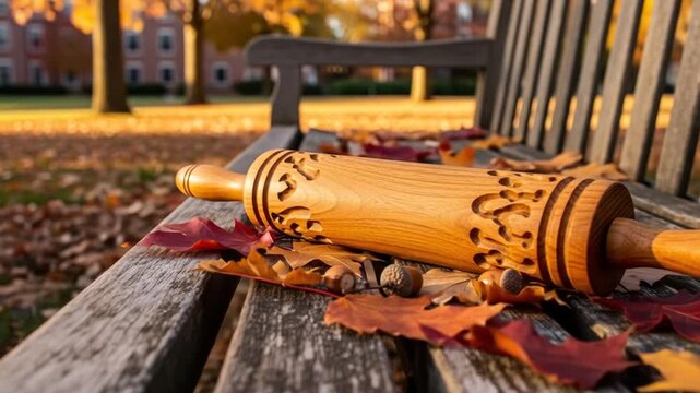General People & Lifestyle Autumn Scene with Wooden Rattle on Park Bench and Falling Leaves