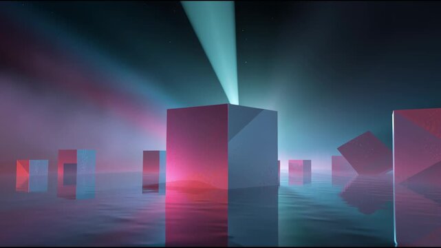 Neon geometric blocks and cubes float on reflective water with foggy mist and teal magenta light beams creating surreal futuristic blocky landscape and cinematic abstract reflection