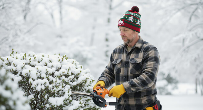 Mature landscaper wearing christmas knitted beanie using chainsaw trimming snow covered bushes in winter garden, seasonal tree care maintenance service