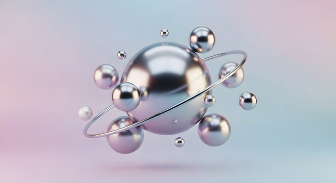 Abstract 3D rendering of a central metallic sphere orbited by smaller spheres and rings, resembling an atomic structure on a soft pastel background. - Powered by Adobe