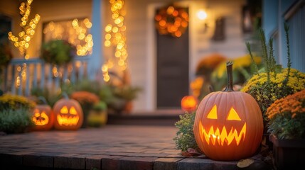 Obraz premium Festive Halloween Home Porch Decorated with Glowing Jack-o'-lanterns and Autumnal Decor for Trick-or-Treating