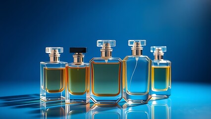 Elegant glass perfume bottles arranged on an azure surface, radiating sophistication and luxury.