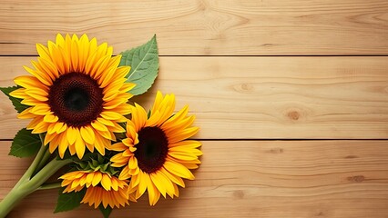 Sunflower bouquet on a rustic wooden surface with warm directional lighting.