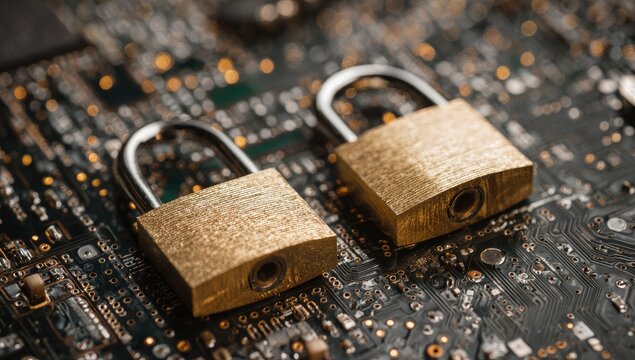 Two padlocks on a circuit board, symbolizing data security (1)