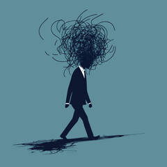 Vector illustration of a frustrated businessman walking with a tangled scribble for a head, symbolizing mental stress, burnout, confusion, or business related anxiety