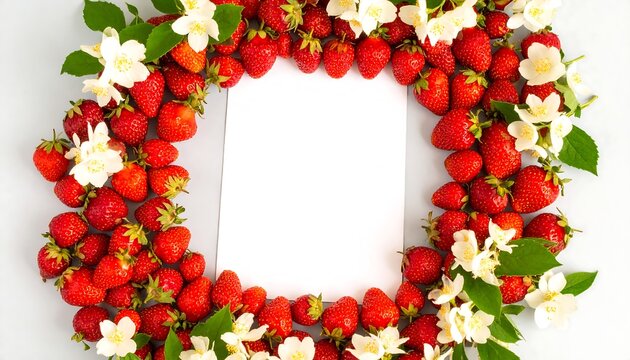 Fresh strawberries and jasmine flowers arranged in a circle around a blank white card
