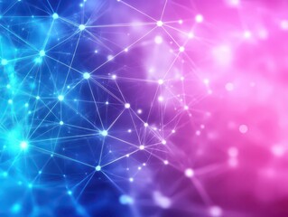 Abstract digital network with interconnected nodes in vibrant blue and pink glowing elements representing technology communication and innovation