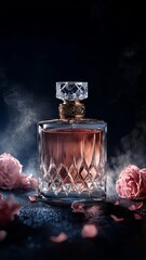 Elegant perfume bottle surrounded by roses and mist